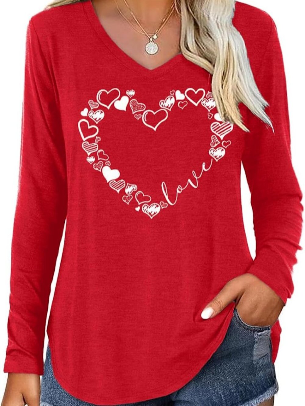Valentine V Neck Shirt for Women Cute Love Heart Long Sleeve